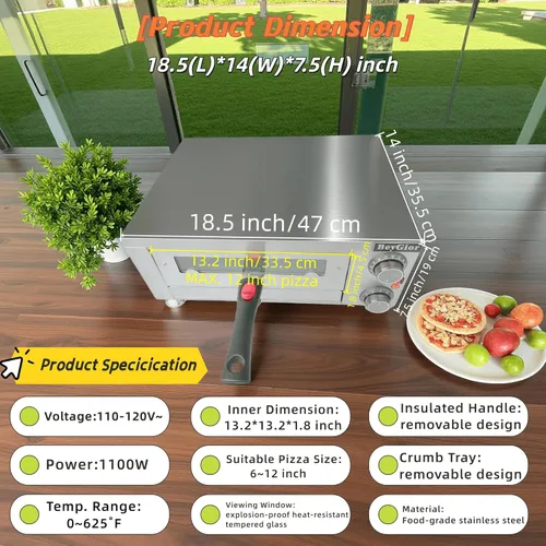 Miniatura 9 de Horno eléctrico para pizza en interiores, máquina de pizza de encimera de 12 pulgadas con ventana de visión, horno de pizza comercial de acero