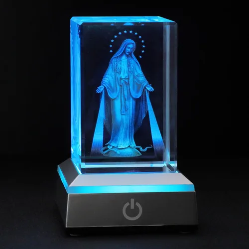 KOMI Estatua de la Virgen María de cristal 3D con base de luz LED, estatuas de madre María grabadas con láser, regalos religiosos para mujeres y