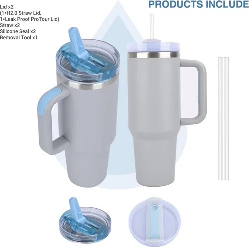 Miniatura 2 de Quencher ProTour - Vaso térmico de 40 onzas con asa - Botella de agua de acero inoxidable 100% a prueba de fugas aislada al vacío 2 tapas