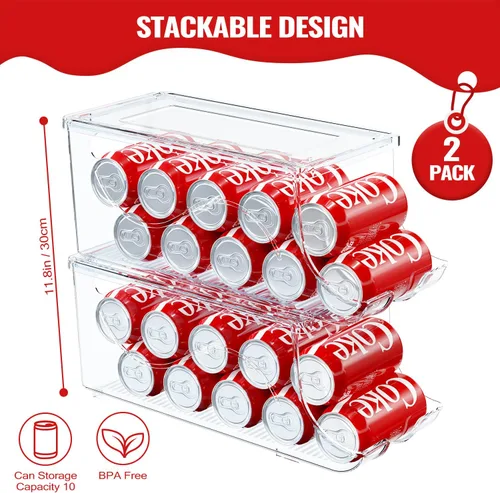 Miniatura 2 de SCAVATA Paquete de 2 organizadores apilables para refrigerador, dispensador de latas de soda, contenedor de bebidas con tapa para refrigerador