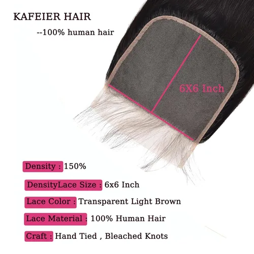 Miniatura 3 de Cierre de encaje transparente de 6 x 6 pulgadas, cierre de cabello humano real, 6 x 6 pulgadas, prearrancado con cabello de bebé, línea capilar