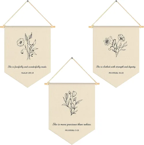 VitalCozy 3 piezas de versículo bíblico de las Escrituras cristianas, decoración botánica cristiana, banderín colgante, banderín, bandera de pared,