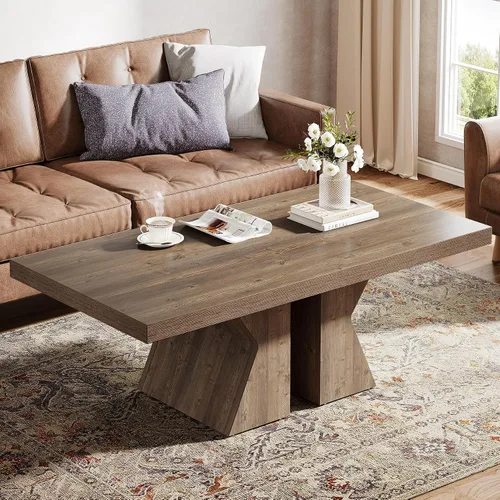 Miniatura 4 de Tribesigns Mesa de centro de madera, mesa central rectangular de 47 pulgadas con base de madera gruesa, mesa de cóctel con aspecto de madera