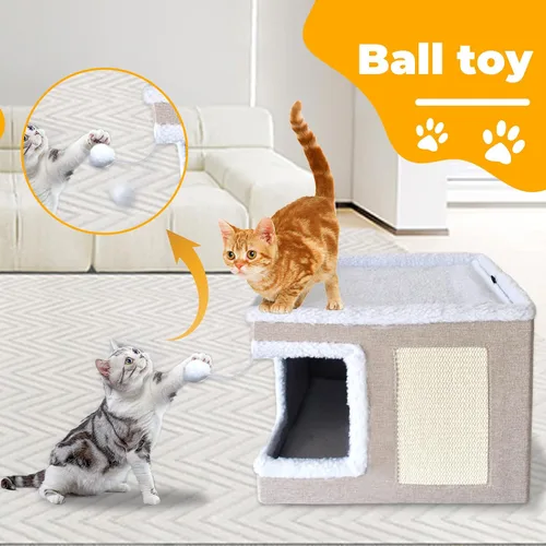 Miniatura 6 de Cama para gatos de interior, casa cubo, cama grande cubierta para gatos, cueva y muebles con bola esponjosa y almohadilla para rascar, nido