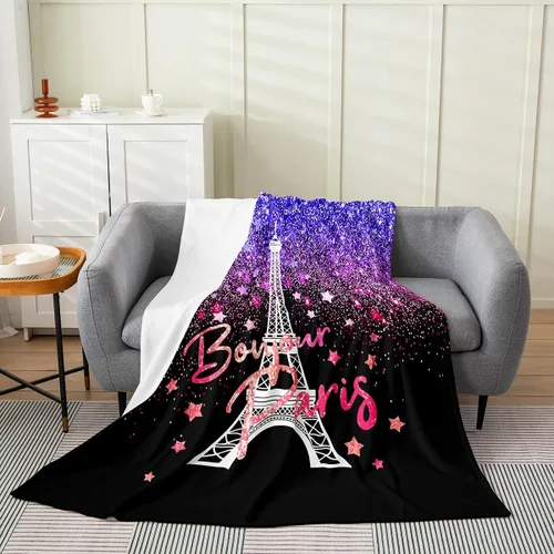 Miniatura 18 de Feelyou Manta de felpa de la Torre Eiffel con purpurina, color azul, morado, pastel, para todas las estaciones, manta de cama para niños, manta