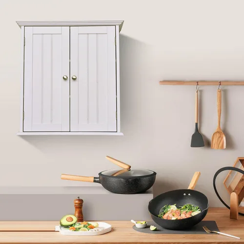 Miniatura 7 de Armario montado en la pared, ahorro de espacio sobre el inodoro, armario de almacenamiento de madera blanca con puertas dobles y 3 estantes fijos