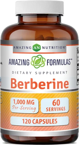 Amazing Formulas Berberina 1000mg por porción 120 Cápsulas Suplemento | Sin OMG | Sin gluten | Fabricado en EE. UU