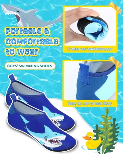Miniatura 5 de Newcotte 2 pares de zapatos de agua para niños, calcetines de secado rápido, calcetines de piscina con tiburones marinos, antideslizantes, natación
