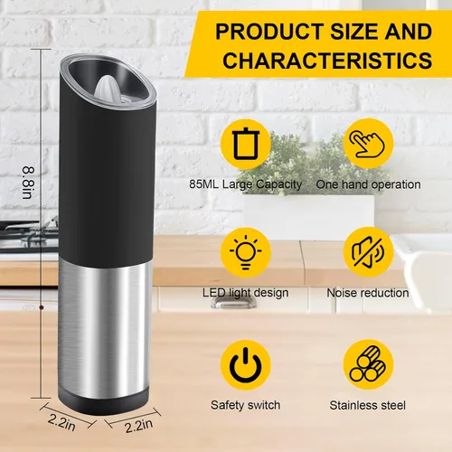 Miniatura 3 de Gravity - Molinillo eléctrico de sal y pimienta, molinillo de pimienta con batería automática, gran capacidad, grosor ajustable, acero inoxidable