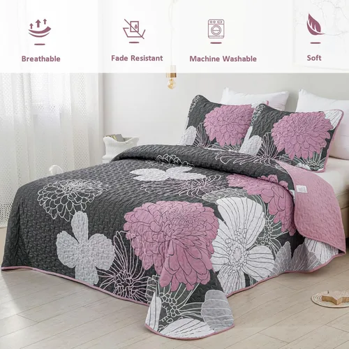 Miniatura 3 de Anibedding Juego de edredón de 3 piezas con estampado floral gris, tamaño Queen, juego de edredón rosa con patrón de flores, juego de edredón