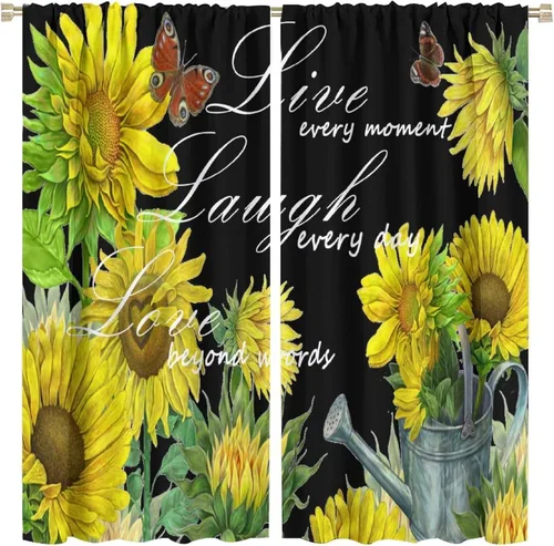 Miniatura 34 de Cortinas opacas con diseño de girasol, rústico, con diseño de girasol, mariposa, verde, amarillo, negro, para niñas, mujeres, dormitorio, sala