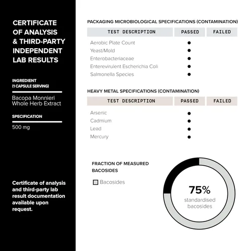 Miniatura 4 de Toniiq Bacopa - Extracto de ultra alta potencia 45:1 con 75% de bacosidos - altamente concentrado - probado en laboratorio de terceros - 90 cápsulas