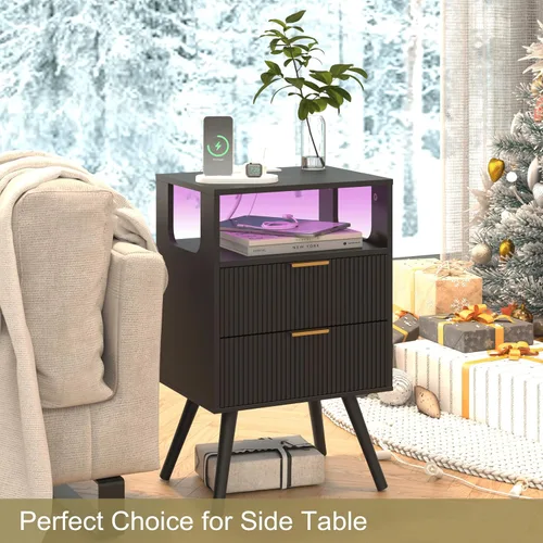 Miniatura 7 de JOONEE - Mesita de noche negra con estación de carga y luces LED, mesa de noche moderna con 2 cajones de almacenamiento y estante de madera abierto