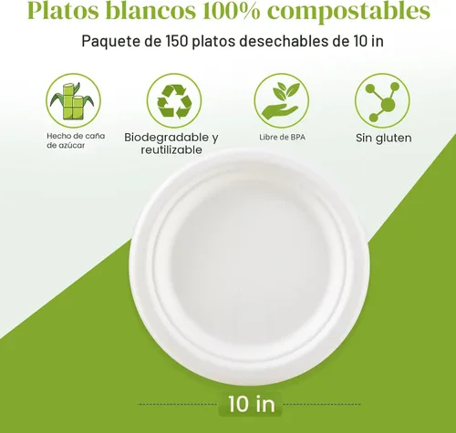 Miniatura 3 de ECOLipak Platos de papel resistentes 100% compostables de 10 pulgadas, paquete de 150 platos desechables biodegradables ecológicos de bagazo de caña