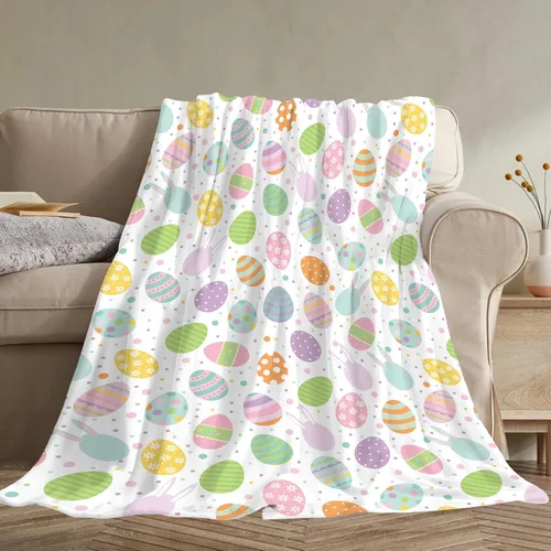 Miniatura 3 de Manta de conejo de Pascua súper suave de franela con elemento de Pascua, linda cola de conejo, huevos coloridos, árbol verde azulado, manta cálida