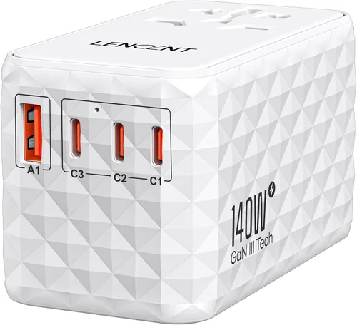 Miniatura 9 de LENCENT Adaptador de viaje universal de 120 W, adaptador de viaje internacional GaN con 3 puertos USB-C 1 USB-A, cargador rápido mundial para Negro
