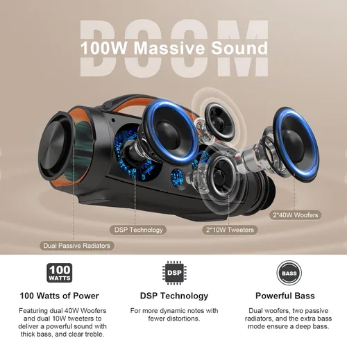 Miniatura 3 de DOSS Extreme Boom+ Altavoz Bluetooth para exteriores con sonido estéreo de 100 W, graves extra, 20 horas de reproducción, luces LED Party-Sync