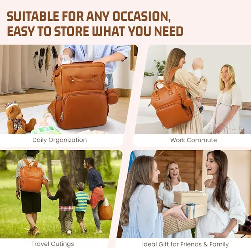 Miniatura 9 de ROSEGIN Mochila para pañales de piel vegana prémium con cambiador impermeable - Costuras y cremalleras reforzadas, bolsa de bebé para niño y niña