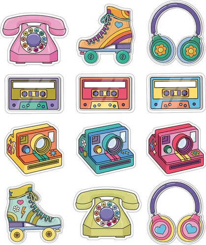 Happily Ever Elementary Retro Remix Decoraciones Groovy para Tablón de Anuncios de 36 Piezas, Auriculares Vintage, Cintas de Casete Retro, Cámara,