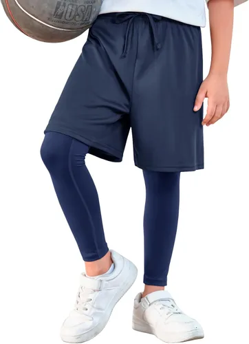 Haloumoning Leggings deportivos para niños con pantalones cortos 2 en 1 para correr, entrenamiento, pantalones deportivos de 5 a 14 años
