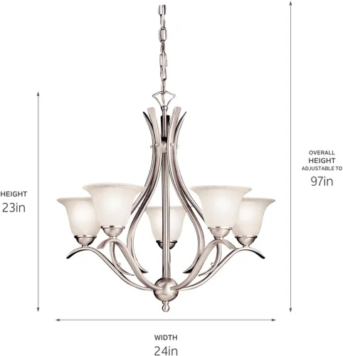 Miniatura 8 de Kichler Dover - Lámpara de araña de 23 pulgadas en níquel cepillado, 5 luces clásicas para vestíbulo o comedor con vidrio semillado grabado