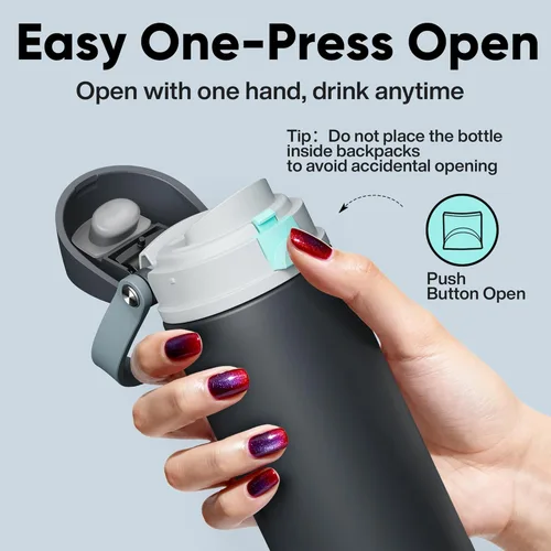 Miniatura 5 de ENCOOL Botella de agua aislada con popote, botella de agua de acero inoxidable con tapa de botón, a prueba de fugas y sin BPA, mantiene el frío Atún