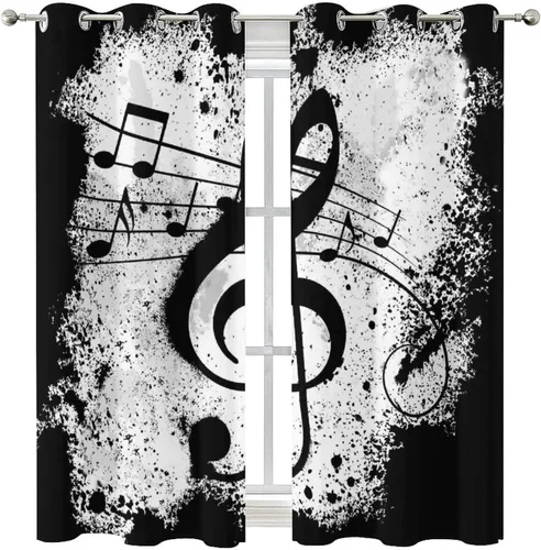 Miniatura 8 de Cortinas opacas de oscurecimiento de habitación con ojales, diseño rústico de símbolos musicales blancos y negros, tratamiento de ventana