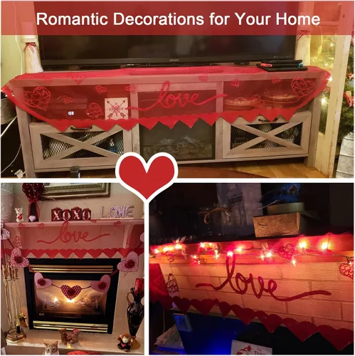 Miniatura 5 de Bufanda de manto de corazón rojo para decoración de chimenea, cubierta de mantel de encaje para decoración del hogar, sala de estar, decoración