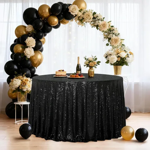 Miniatura 30 de Eternal Beauty Mantel de lentejuelas doradas de 120 pulgadas, mantel redondo brillante con purpurina para decoración de bodas, fiestas de cumpleaños