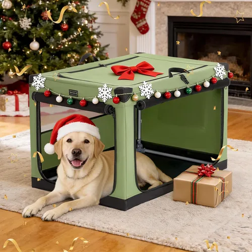 Miniatura 9 de PETSFIT Jaula para perros suave y portátil de 40 pulgadas, marco resistente en espiral, plegable, para perros grandes, 3 puertas de malla, Verde