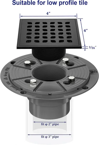 Miniatura 6 de Neodrain Desagüe de ducha cuadrado, rejilla de acero inoxidable 304 negro de 4 pulgadas y cuerpo de drenaje de PVC, rejilla con kit que incluye