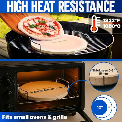 Miniatura 4 de KitchenStar Piedra para pizza de 12 pulgadas para horno y parrilla de barbacoa con asas, redonda, 5/8 pulgadas de grosor, cordierita natural