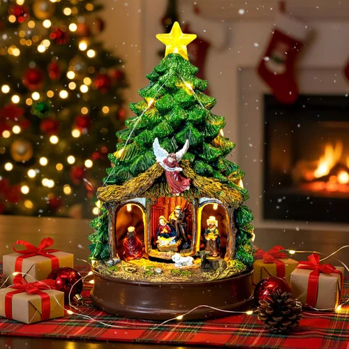 Árbol de Navidad Iluminado y Animado Escena de Natividad del Pesebre, Figuras Musicales de la Familia de Ángeles con Luz LED que Reproduce Música de