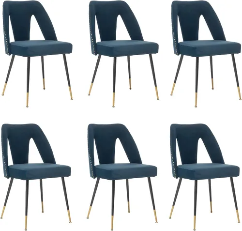 Miniatura 11 de Aoowow Juego de 2 sillas de comedor modernas, sillas laterales tapizadas de terciopelo con cabezas de clavos y patas de metal negro con punta Azul