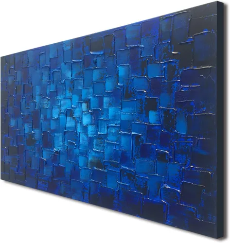 Miniatura 6 de MyArton Arte de pared de lienzo texturizado, cuadrados abstractos, pintado a mano, pintura al óleo moderna de color azul oscuro, imagen
