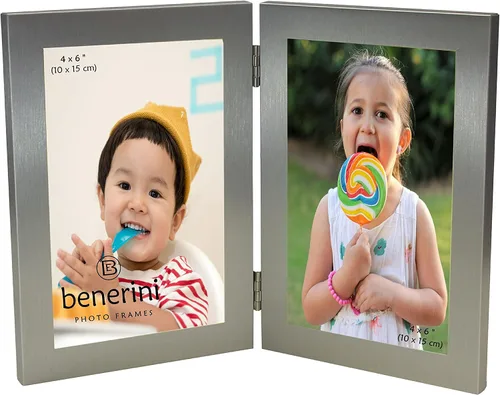 Miniatura 7 de benerini Marco de fotos plegable doble de aluminio cepillado de color plateado satinado para 2 fotos, incluye 2 fotografías estándar de 6 x 4