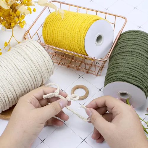 Miniatura 5 de JeogYong - Cuerda de macramé trenzada 5mm x 90m, cuerda de algodón trenzada de 8 hebras natural, cuerda de cordón de dibujo colorida para colgar