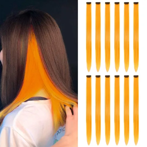 Miniatura 6 de 13 extensiones de cabello sintético con clip de colores de 20 pulgadas, multicolores, lacio, con clip, para mujer, para regalo, extensiones