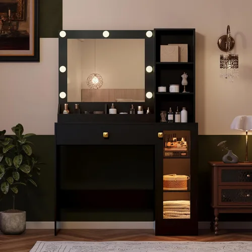 Miniatura 8 de Wodeer Pequeño escritorio de maquillaje con espejo y luces, tocador con armario de cristal, luces LED y toma de corriente, cajón y gabinetes
