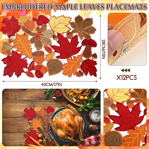 Miniatura 2 de Ganeen 12 Pzs Manteles Individuales Bordados de Acción de Gracias Otoño Autumn Hojas de Arce 11 x 17 Pulgadas Lavables Aplique Mesa de Acción