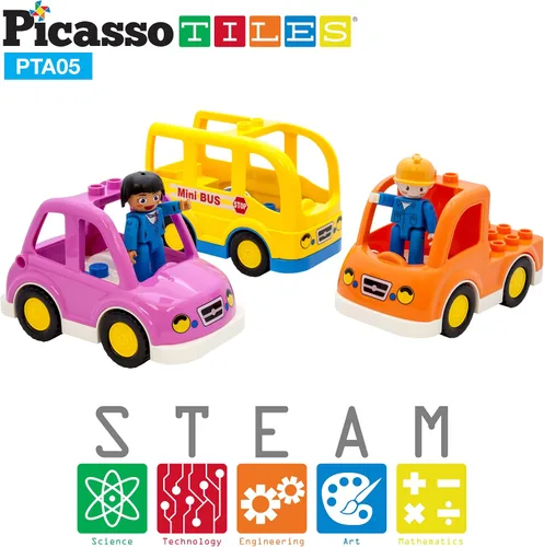 Miniatura 4 de PicassoTiles Juego de figuras magnéticas de 5 piezas para vehículos y figuras de acción, incluyendo autobús escolar, automóvil, camión y 2