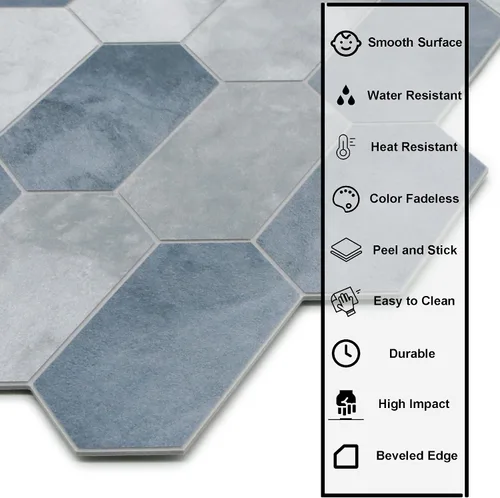 Miniatura 3 de The Tiles Plaza Protector Contra Salpicaduras de 10 Hojas para Despegar y Pegar, 12" x 11.5" Azulejo Autoadhesivo de Pared Hexagonal Largo