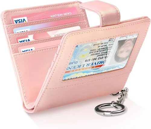 Miniatura 18 de FurArt Cartera plegable para mujer con 9 ranuras, bloqueo RFID, ventana de identificación, cartera compacta con llavero
