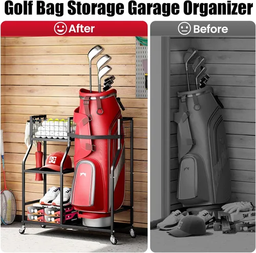 Miniatura 6 de TOOLF Organizador de bolsas de golf, almacenamiento para palos de golf con ruedas, soporte de metal resistente para bolsa de golf para el hogar