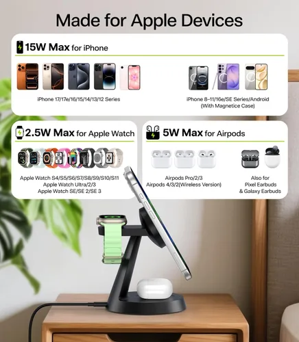 Miniatura 2 de Estación de carga 3 en 1 para dispositivos Apple, cargador inalámbrico rápido de 15 W compatible con soporte de carga MagSafe para iPhone 17 16 15