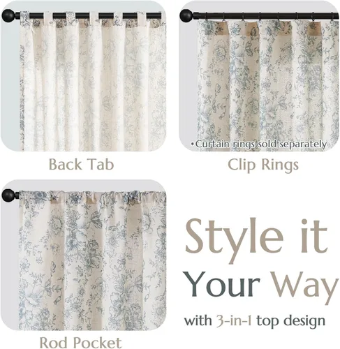 Miniatura 4 de Jinchan Cortinas de Mezcla de Lino con Estampado Floral para Sala de Estar, 84 Pulgadas de Largo, Cortinas con Bolsillo para Varilla y Tab Trasera