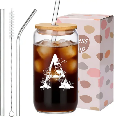 Miniatura 4 de Regalos personalizados para mujeres, tazas de vidrio con monograma con tapas y pajitas, regalos personalizados para mujeres, vasos de café helado