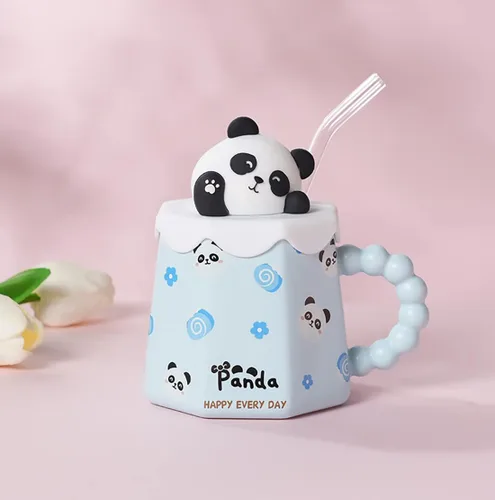Miniatura 2 de Taza GawmFoiuy Mark con pajita, taza de cerámica con estampado de animales, 414 ml, tazas de café y té kawaii, tazas de animales divertidas, taza