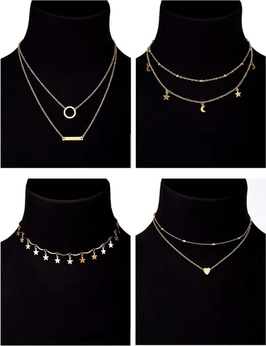 Miniatura 2 de BBTO Gargantilla de cadena de capas de oro, 9 piezas, collar con dije en capas para mujeres y niñas (estilo A), Perla sintética, aleación