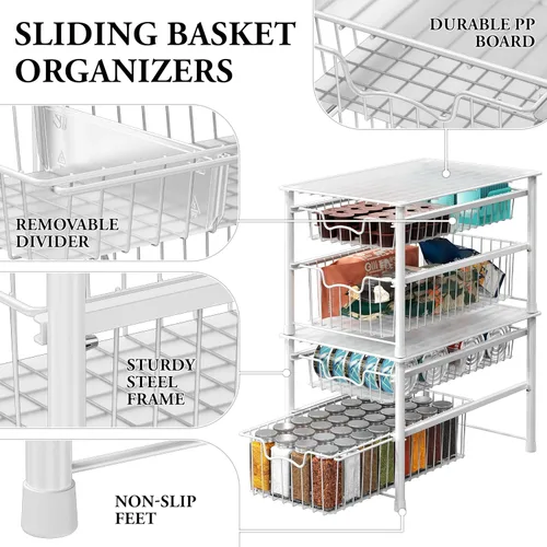 Miniatura 4 de Simple Houseware Cajón organizador apilable de cesta deslizante, blanco, 2 niveles